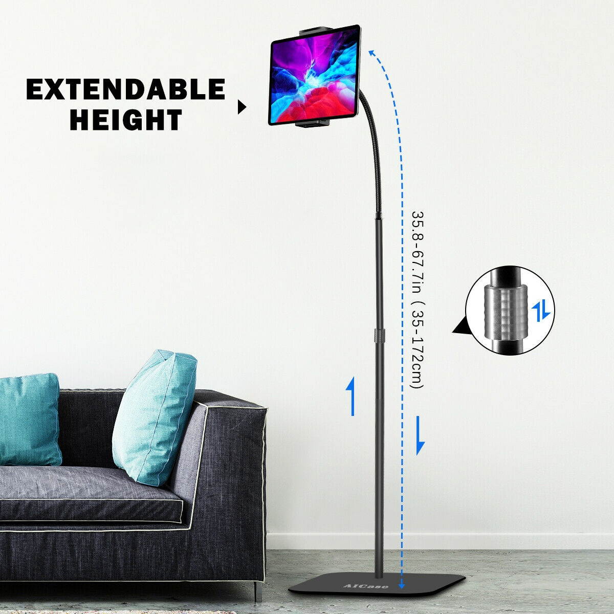 Height Adjust Gooseneck Floor Stand Tablet iPad Kindle Cell Phone Mount Holder