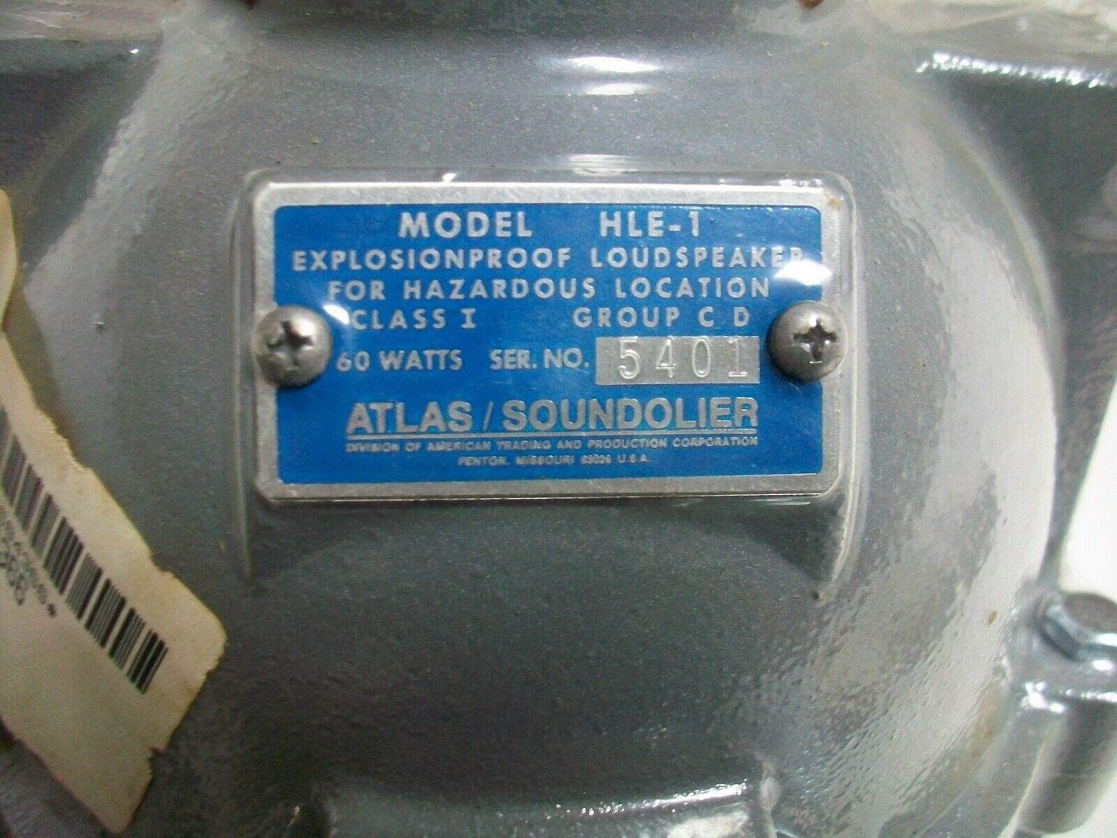 ATLAS SOUND EXPLOSION PROOF HORN DRIVER  HLE-1  60 WATTS