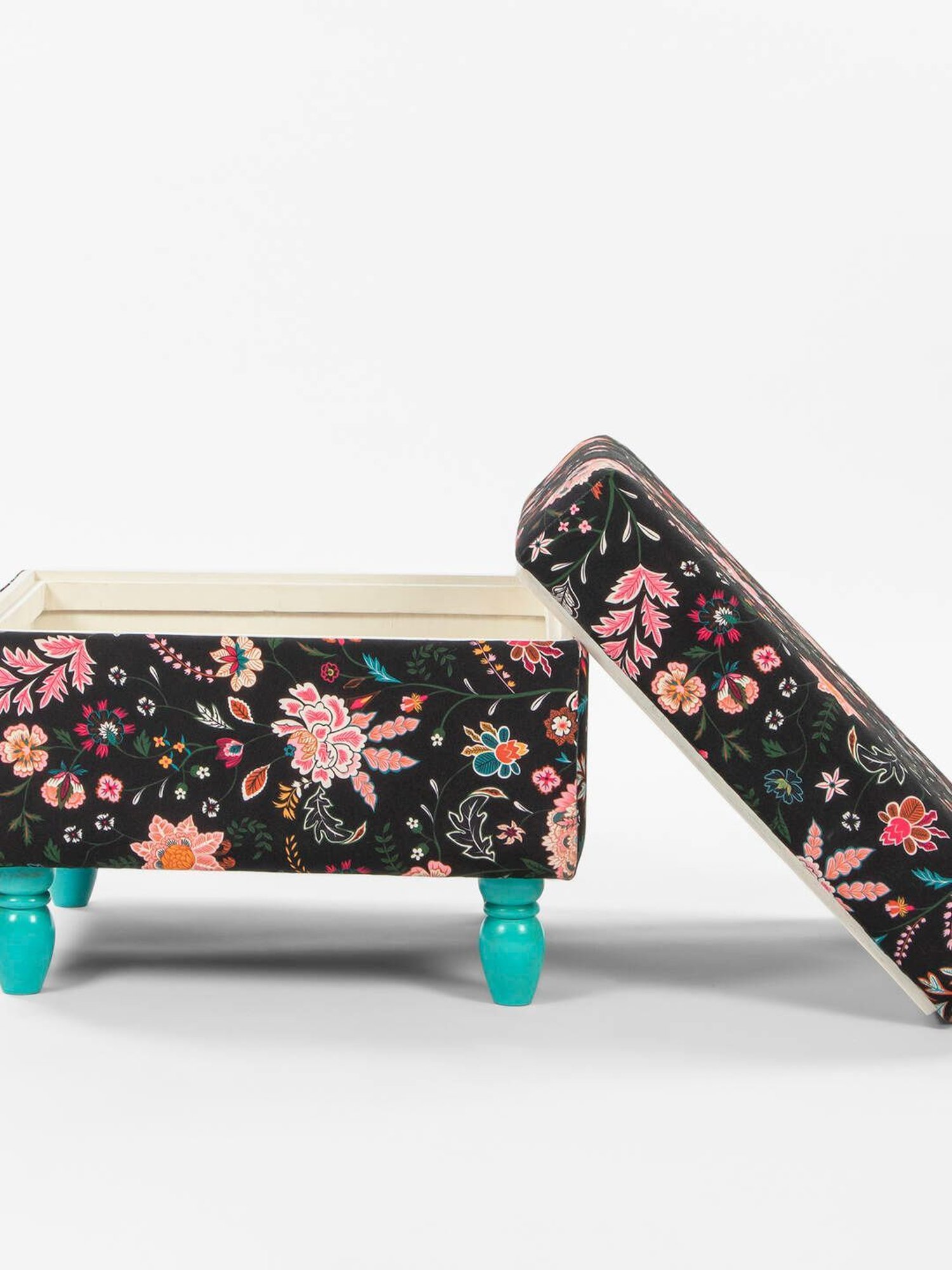 Chumbak Bohemian Floral Black Sheesham Wood Modern Trunk Storage Ottoman