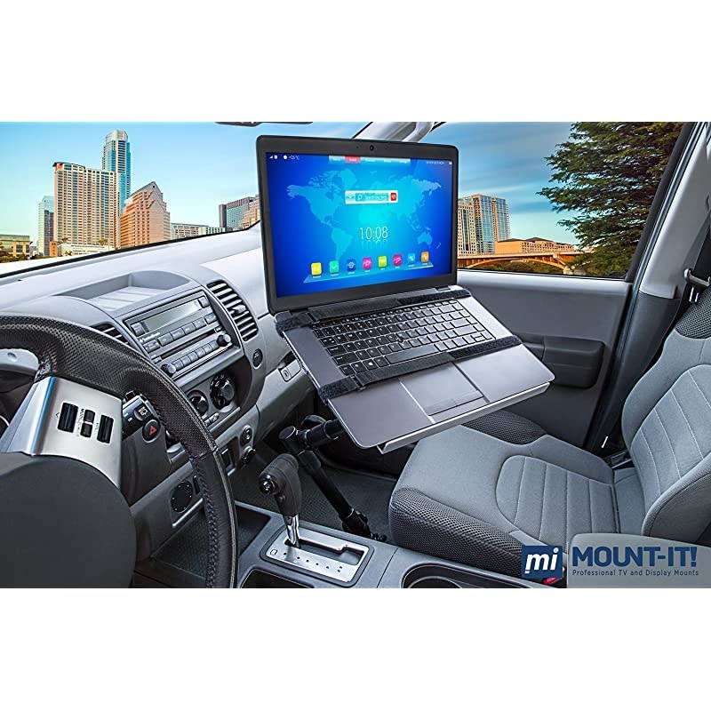 MI-7410 Car Laptop Mount Full Motion, Rotating, Adjustable Height, Under Car Seat Notebook Stand Fits 12 to 15.4 Inch Screen Sizes, 9 Lbs Capacity, Full Motion with Lockable Joints