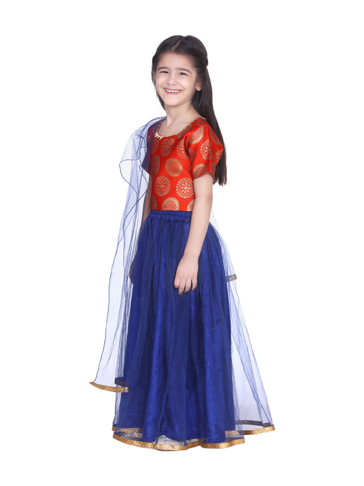 BownBee Kids Orange & Blue Zari Work Lehenga Choli With Dupatta