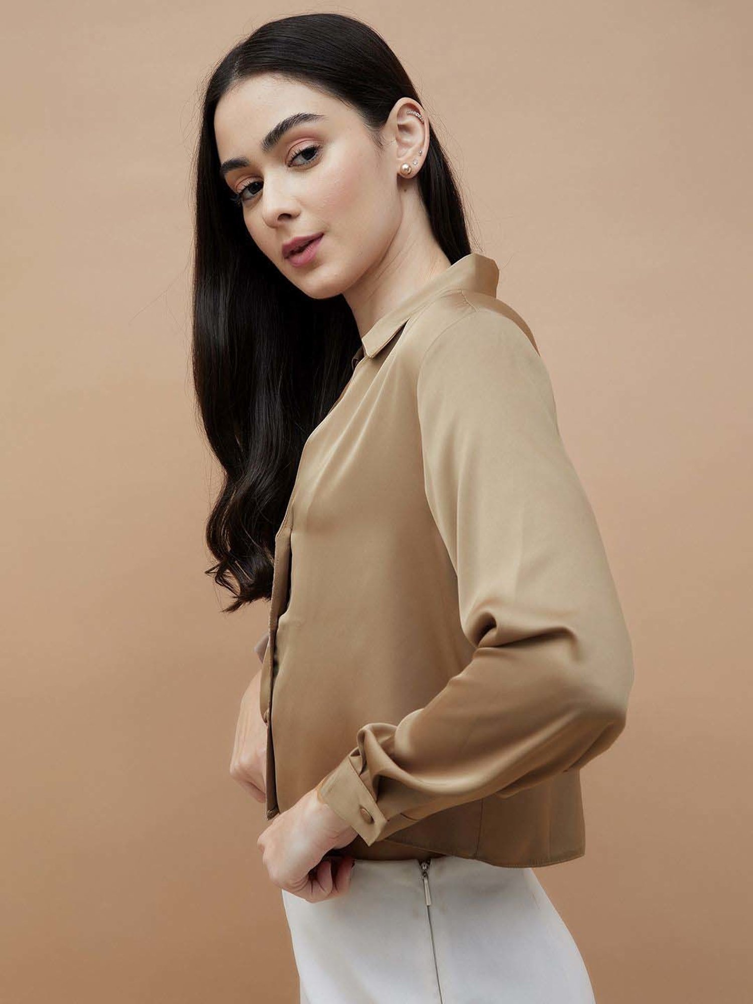 Ginger by Lifestyle Brown Regular Fit Crop Shirt