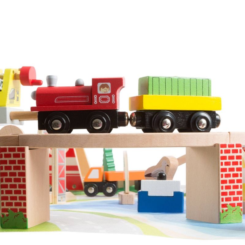 Hey! Play! Kids Deluxe Wooden Train Set with Play Mat