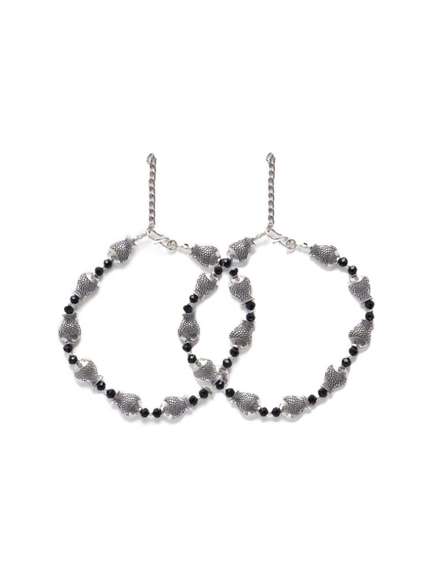 Aatmana Silver-Plated & Black Beaded Handcrafted Fish Anklets - Set of 2