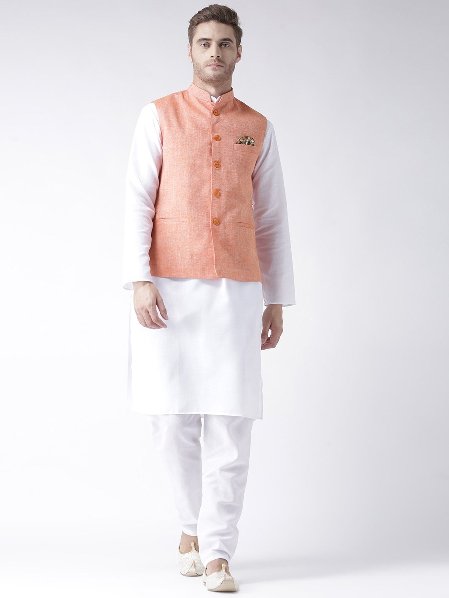 Hangup Plus Orange Regular Fit Linen Nehru Jacket