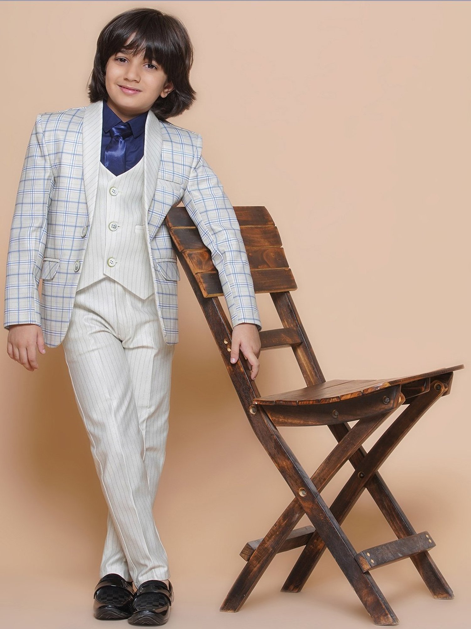 AJ Dezines Kids Sky Blue & Black Solid Full Sleeves Shirt, Pants, Coat, Waistcoat with Tie