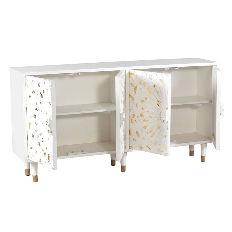 4 Door Wooden Sideboard with Engraved Sunburst Design Front White/Gold - The Urban Port