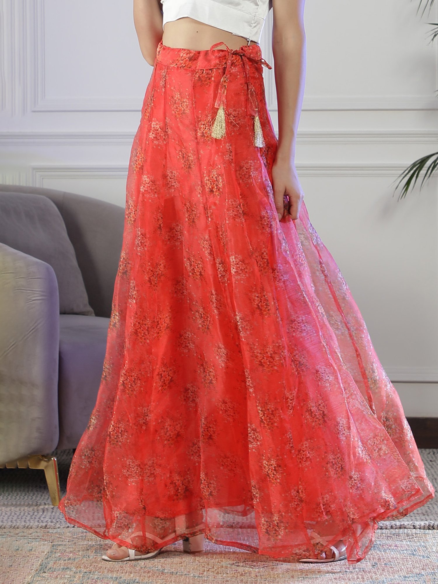 NEUDIS Red Floral Print Maxi Lehenga Skirt
