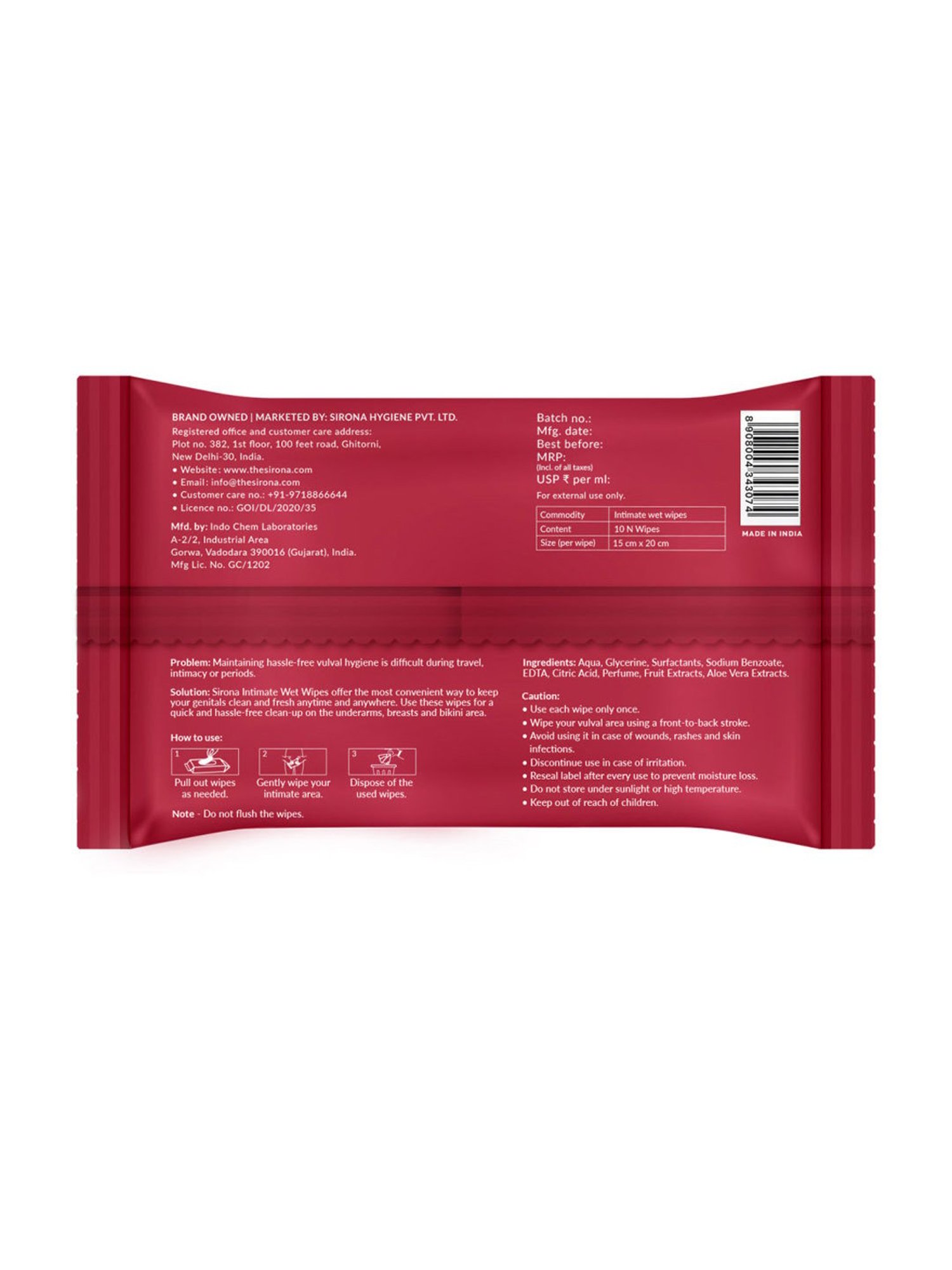 Sirona Intimate Wet Wipes - 30 Wipes (3 Pack - 10 Wipes Each)