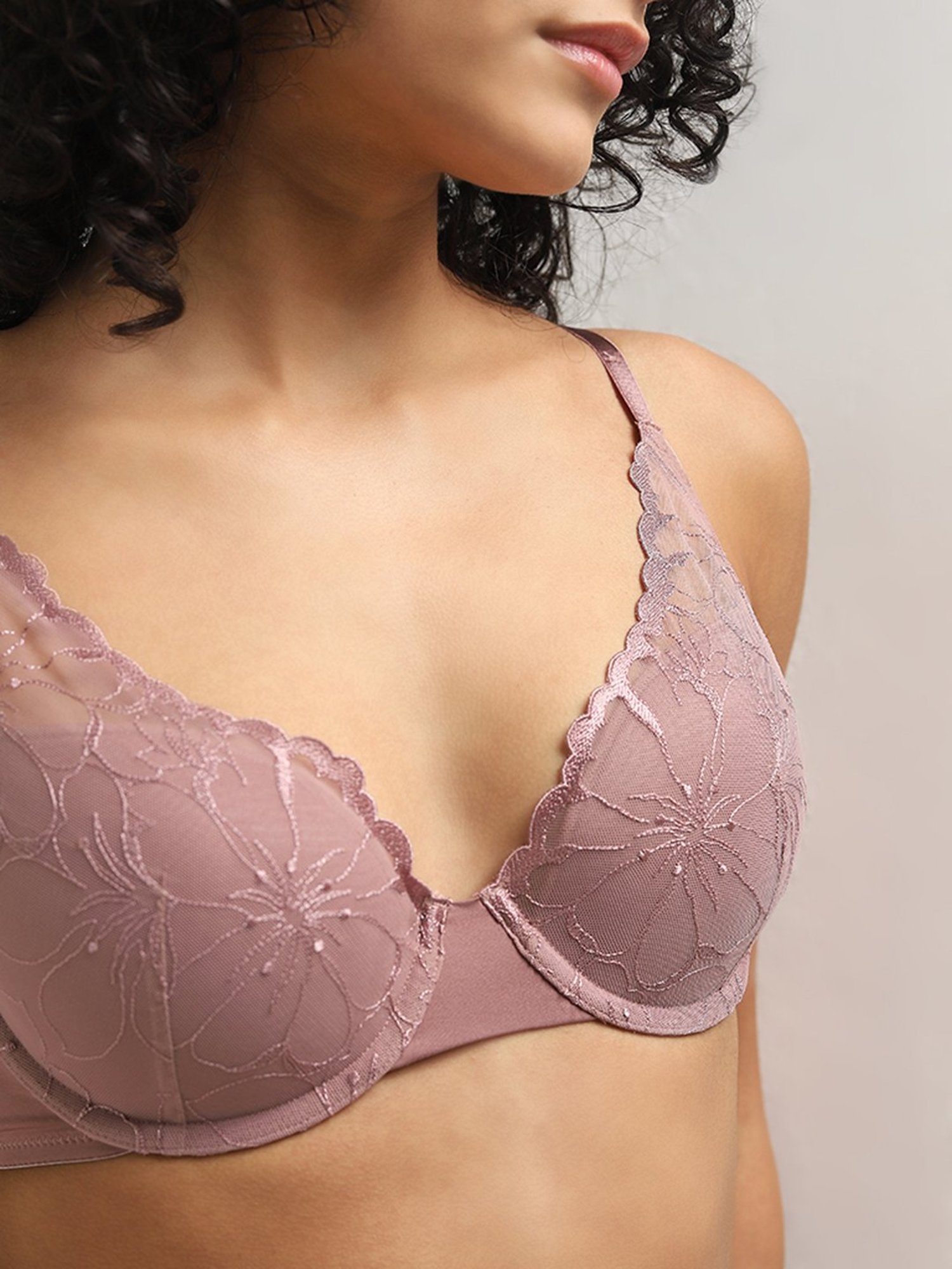 Wunderlove by Westside Mauve Floral Embroidered Plunge Wired Bra