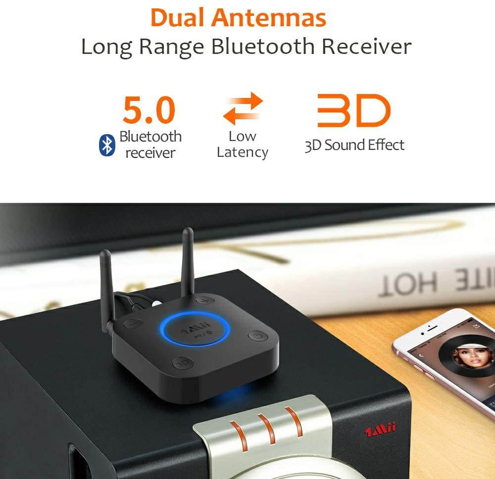 Long Range Bluetooth Receiver, HiFi Wireless Audio Adapter, Bluetooth 5.0 Receiver with 3D Surround aptX Low Latency Optical RCA AUX 3.5mm Coaxial for Home Stereo System