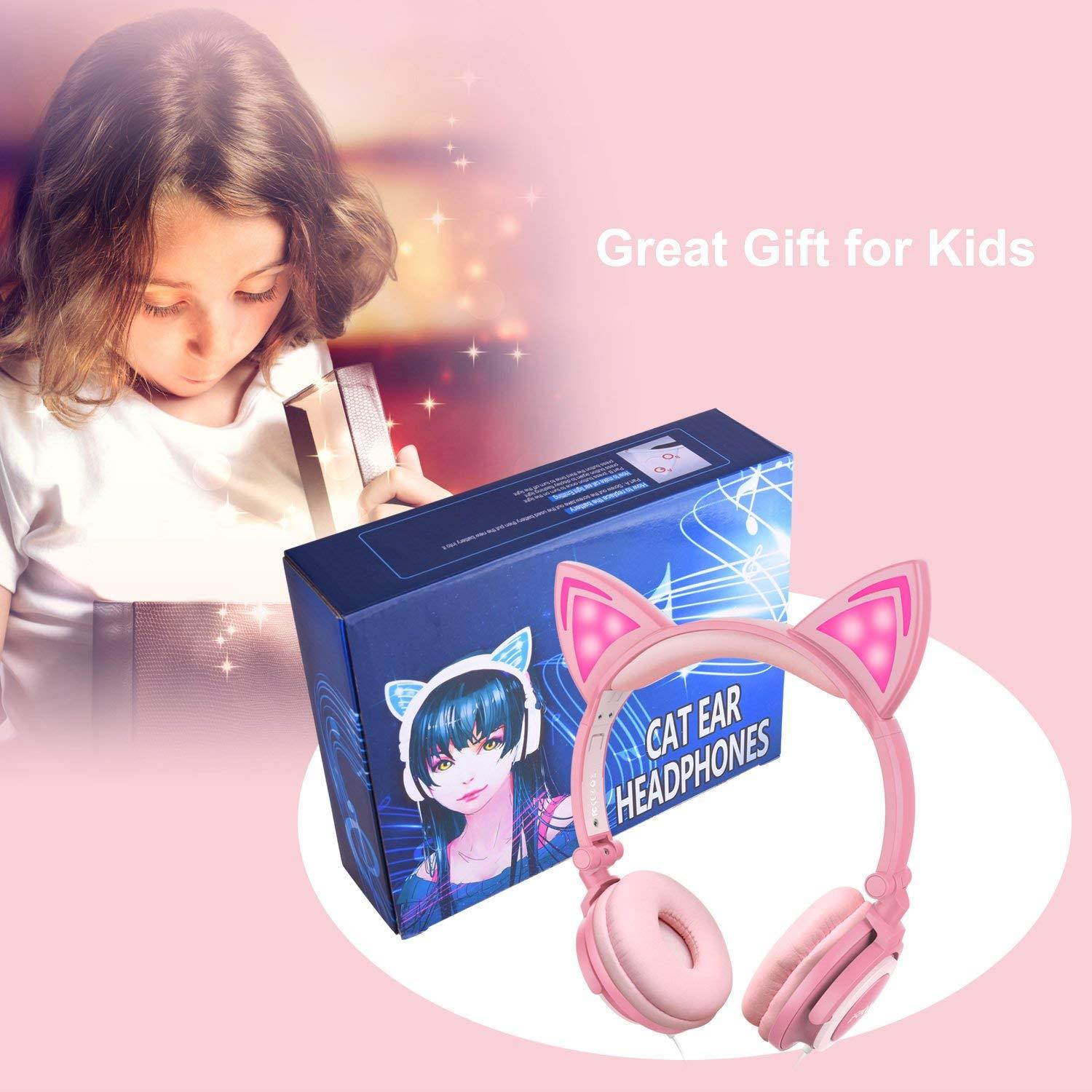 Kids Headphones, Ifecco Cat Ear Headphones Light Glowing Over Ear Headset Pink for Girls with 3.5mm Audio Cable
