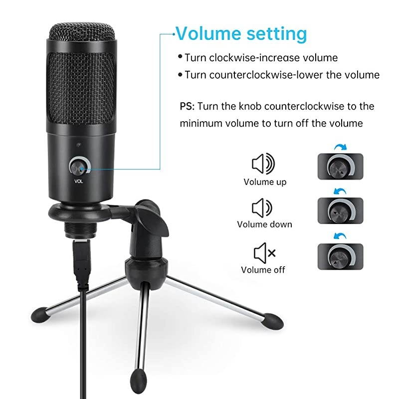 USB Microphone  Condenser PC Mic with Tripod Stand for Gaming Podcast Skype Chatting YouTube Videos Voice Overs and Streaming Compatible with iMac PC Laptop Desktop Windows Computer