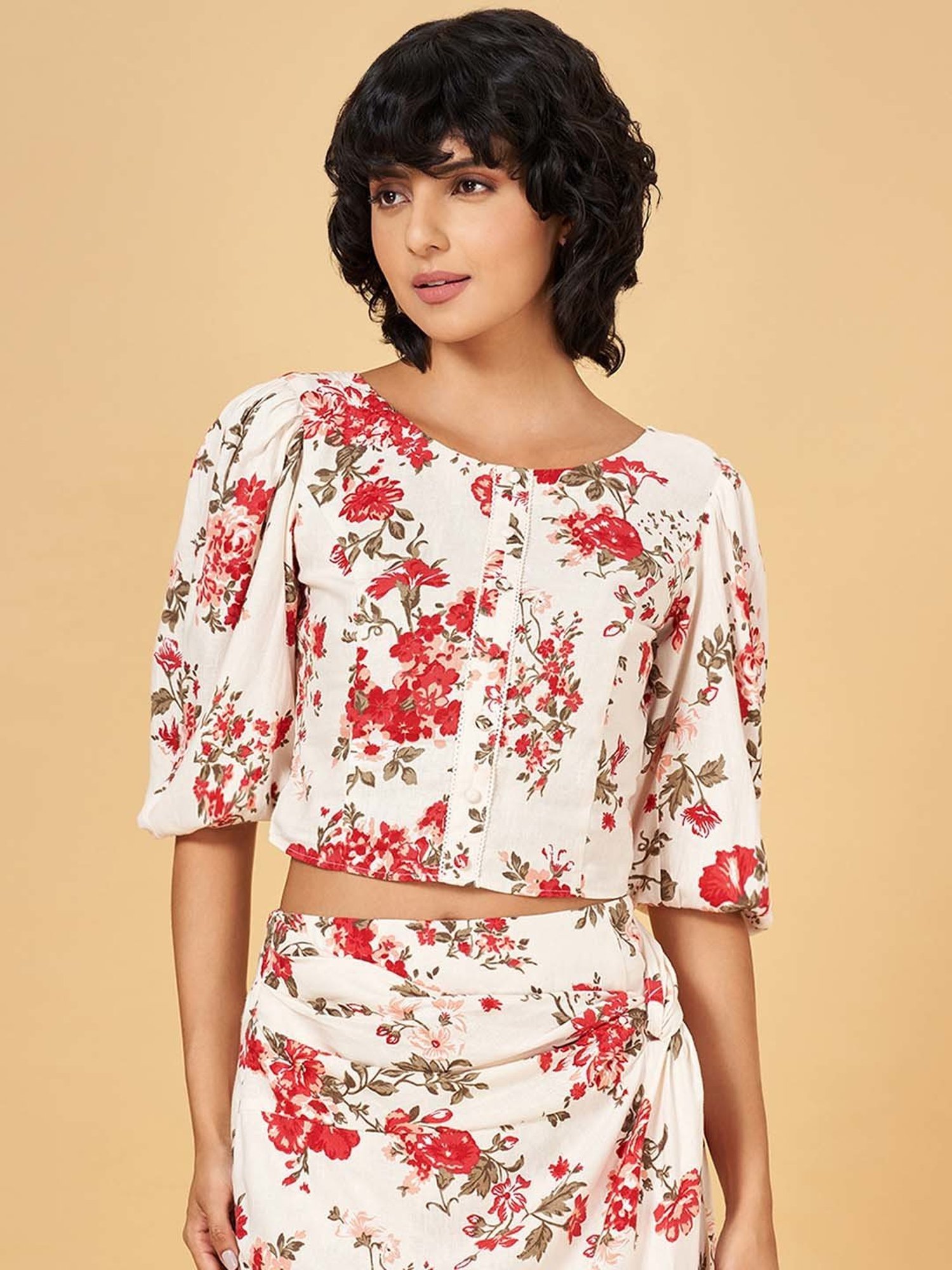 Honey by Pantaloons White & Red Printed Crop Top