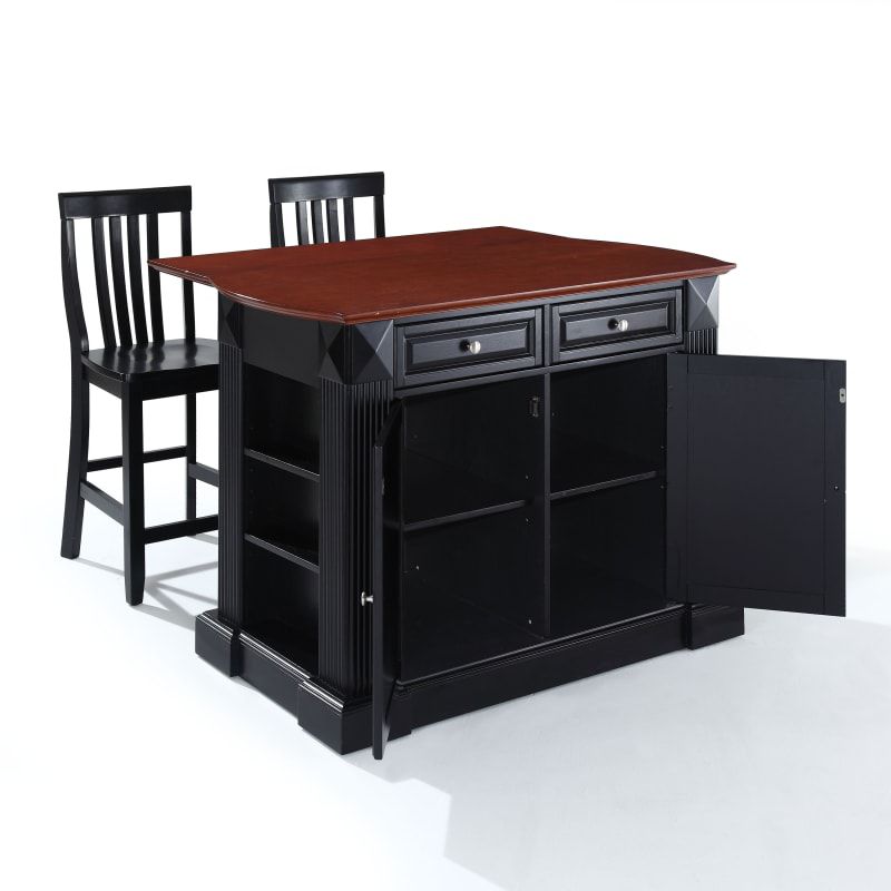 Crosley Drop Leaf Breakfast Bar Top Kitchen Island in Black Finish with 24" Black School House Stools