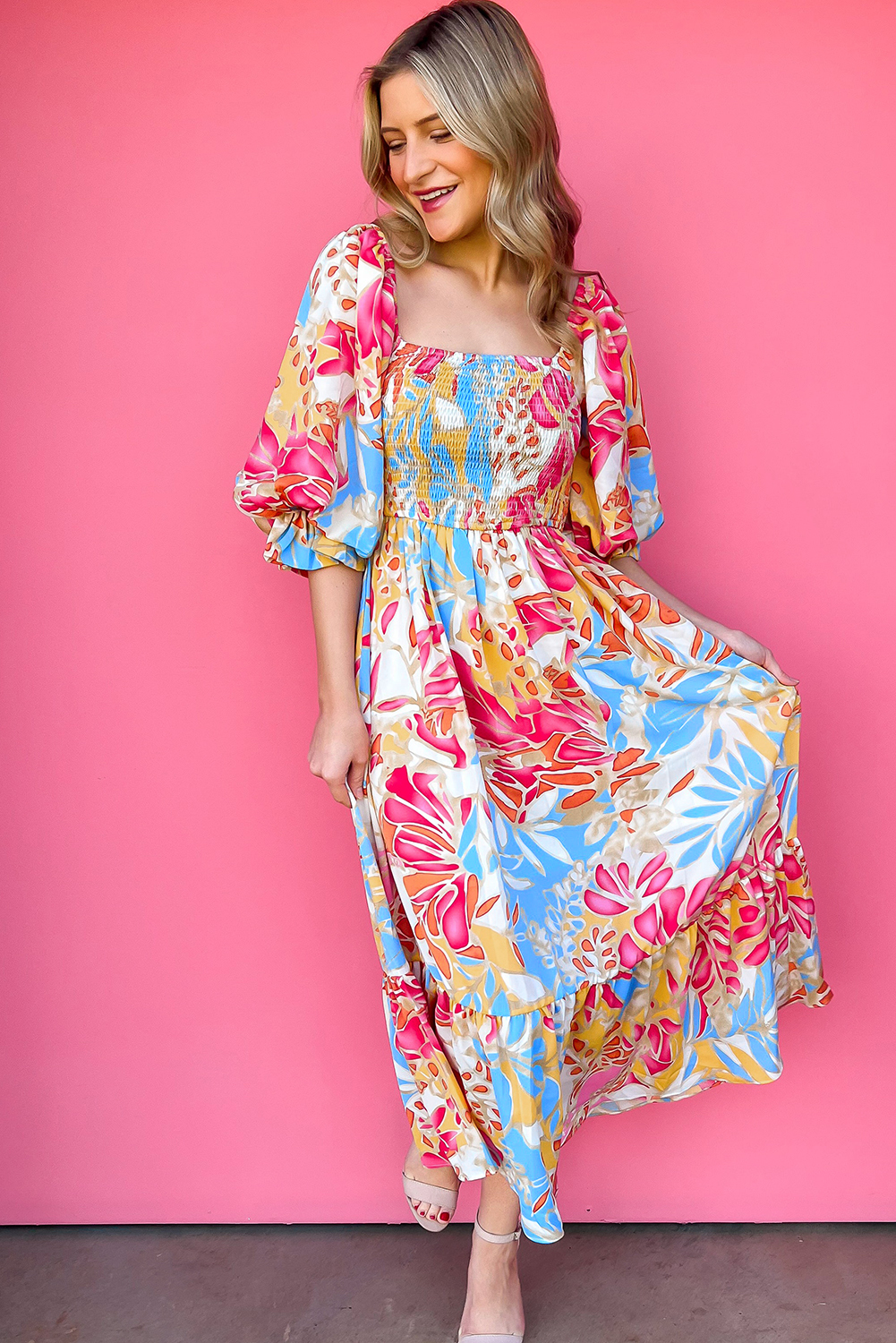 Multicolor Boho Floral Collared Long Sleeve Dress