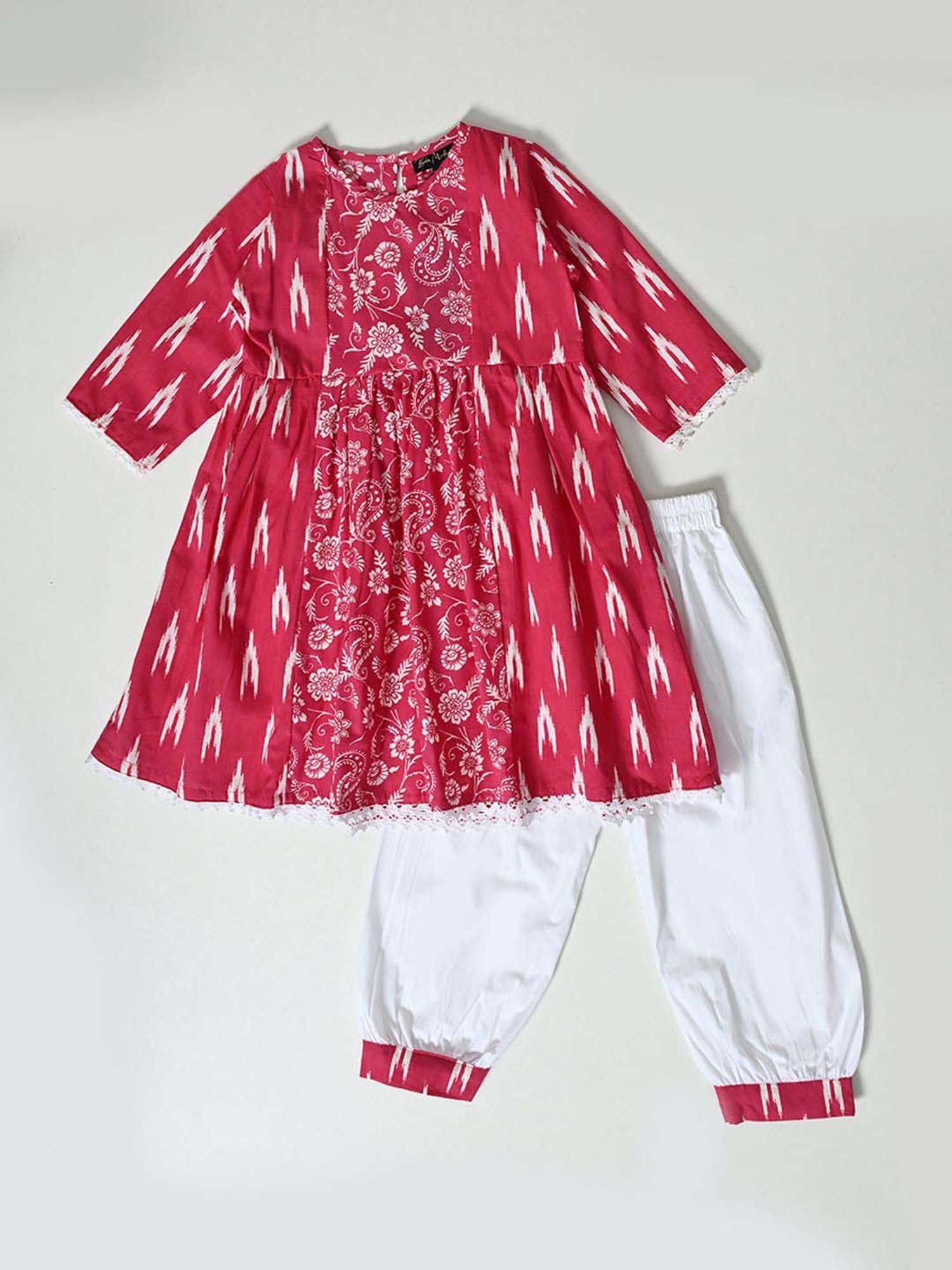 Bella Moda Kids Red & White Cotton Printed Kurti & Pyjamas