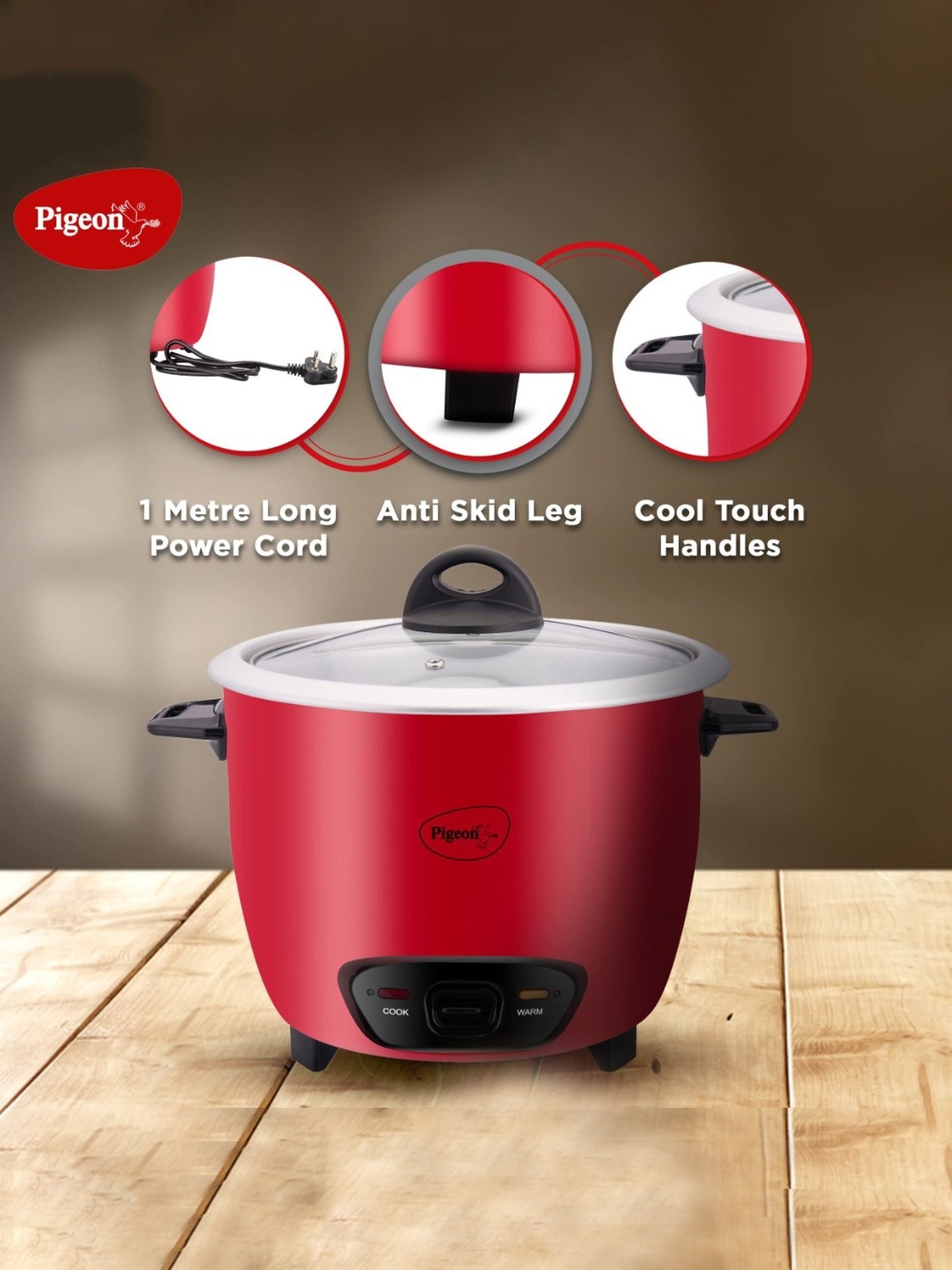 Pigeon Rice Cooker 700W, 1.8L with Single pot & Measuring Cup (Red)