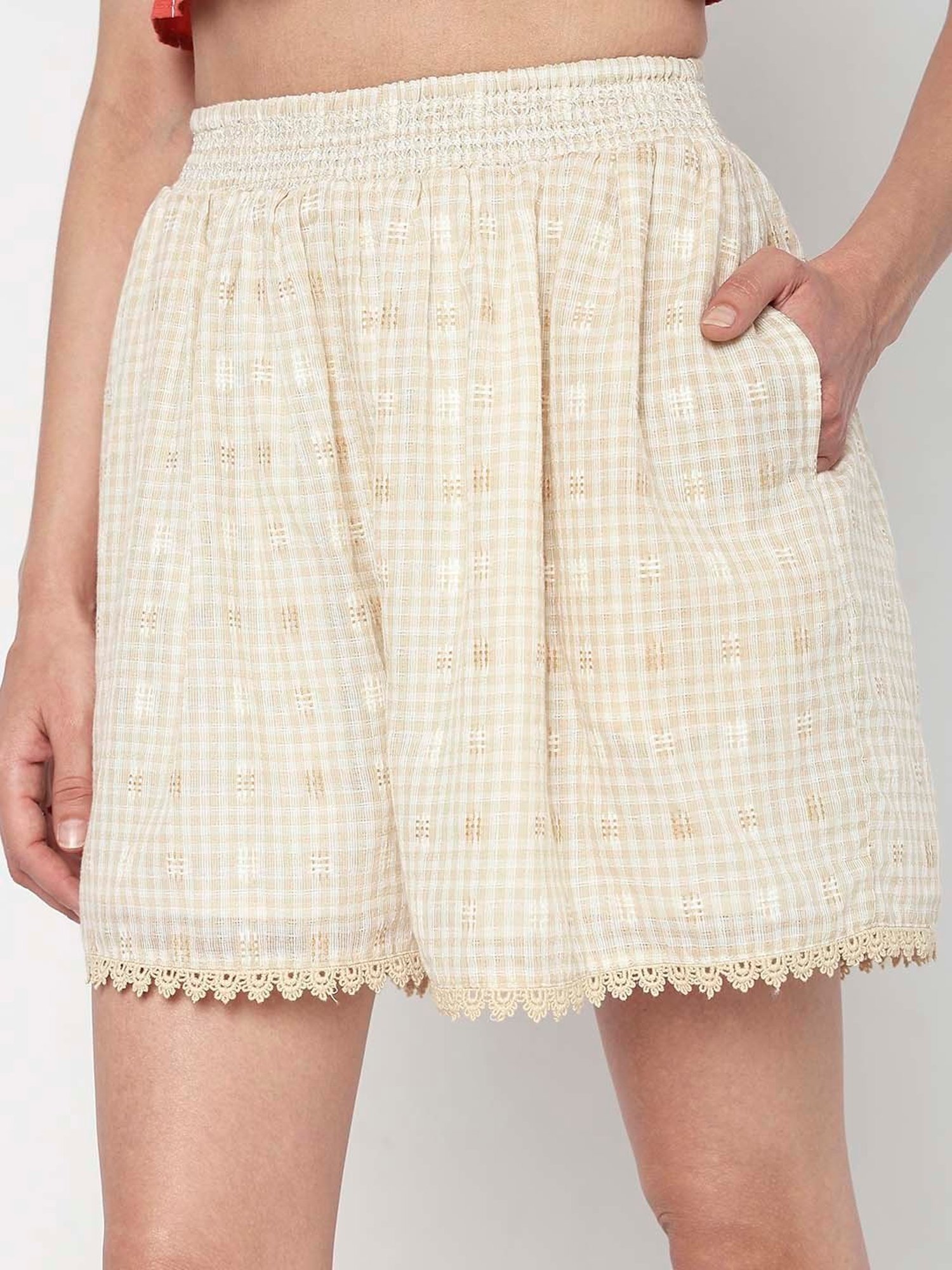 Vero Moda Beige Cotton Checks Shorts