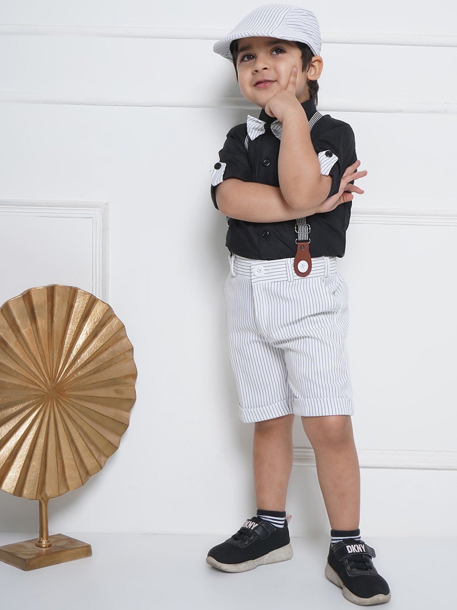 AJ Dezines Kids Black & White Striped Shirt, Shorts, Suspender, Bow with Cap