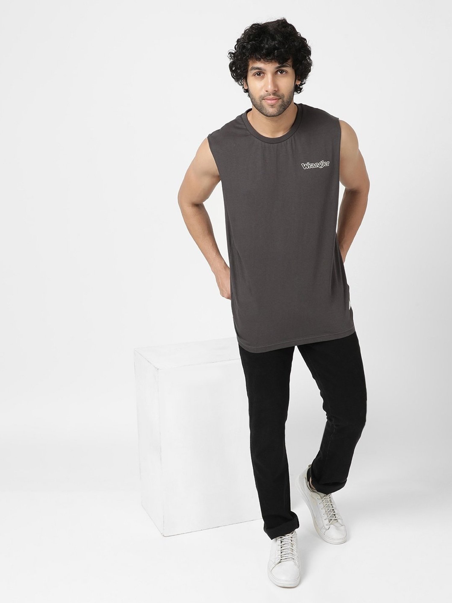 Wrangler Grey Cotton Regular Fit Printed Tank Tee