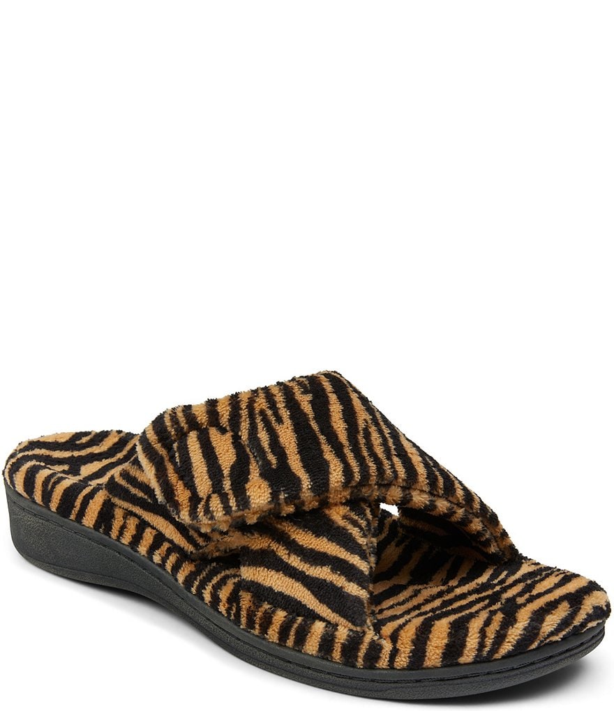 Vionic Relax Tiger Faux Fur Animal Print Criss-Cross Slippers