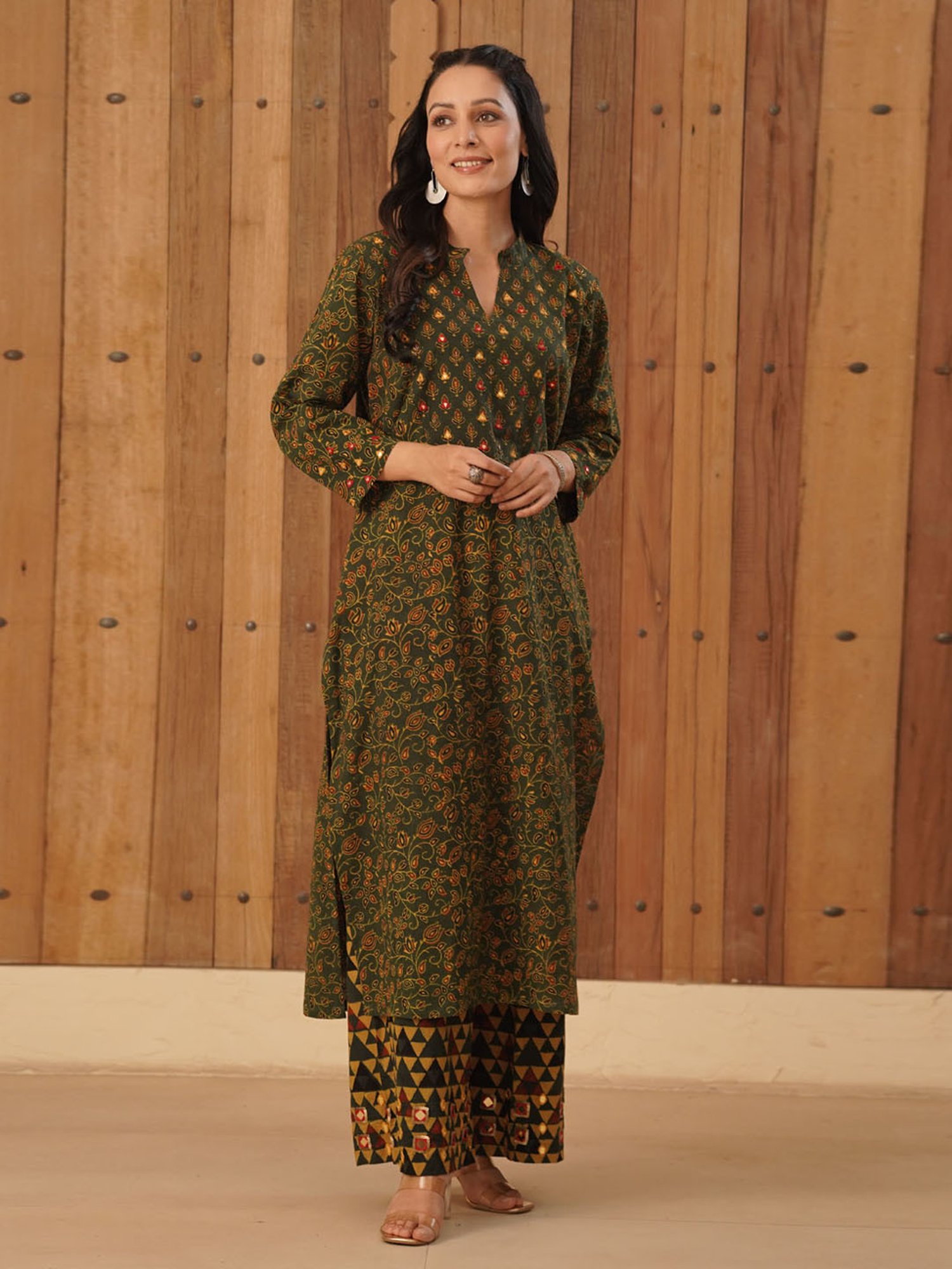 Love Chic Ajrakh Flare Kurta with side slits and 3/4th sleeves