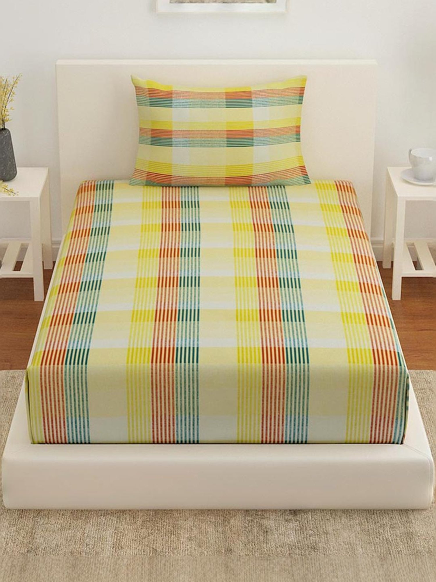 @Home Arias Multicolor 225 TC Cotton Satin Single Bedsheet with 1 Pillow Cover