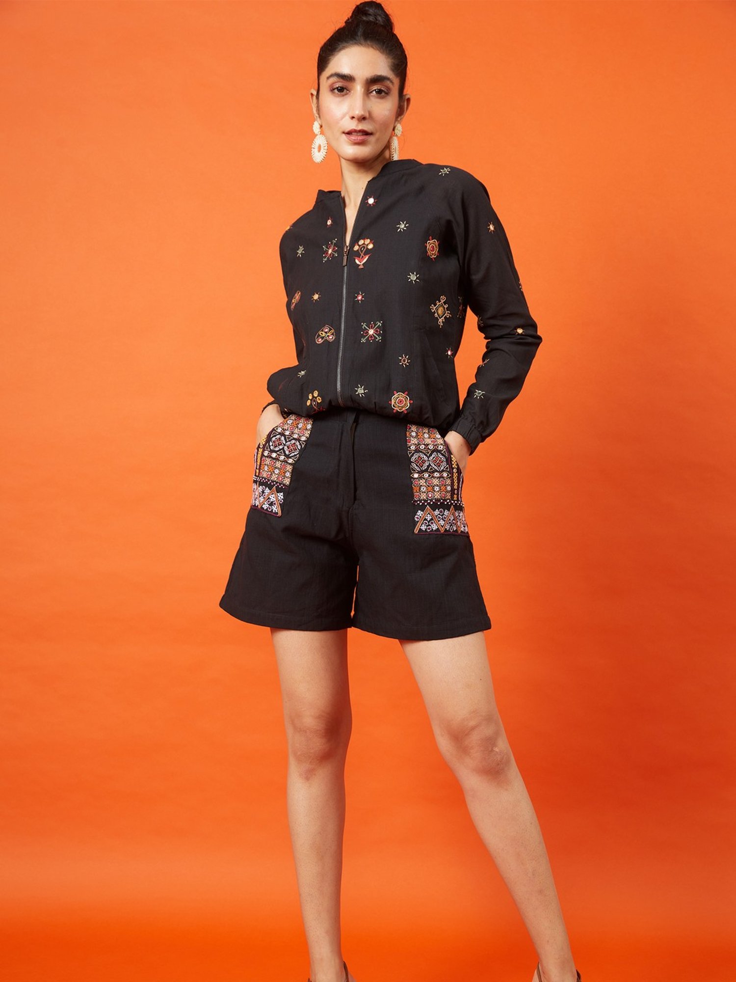 Okhai Black Embroidered Shorts With Pockets