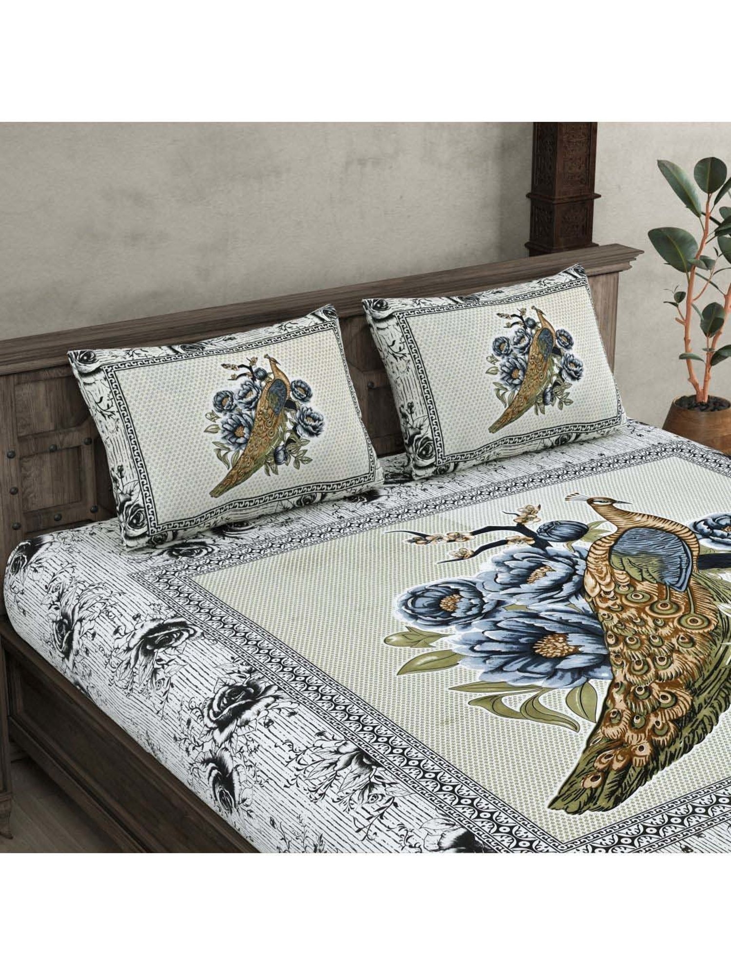 JaipurFabric Indigo 180 TC 100% Cotton Peacock Double Bedsheet with 2 Pillow Covers