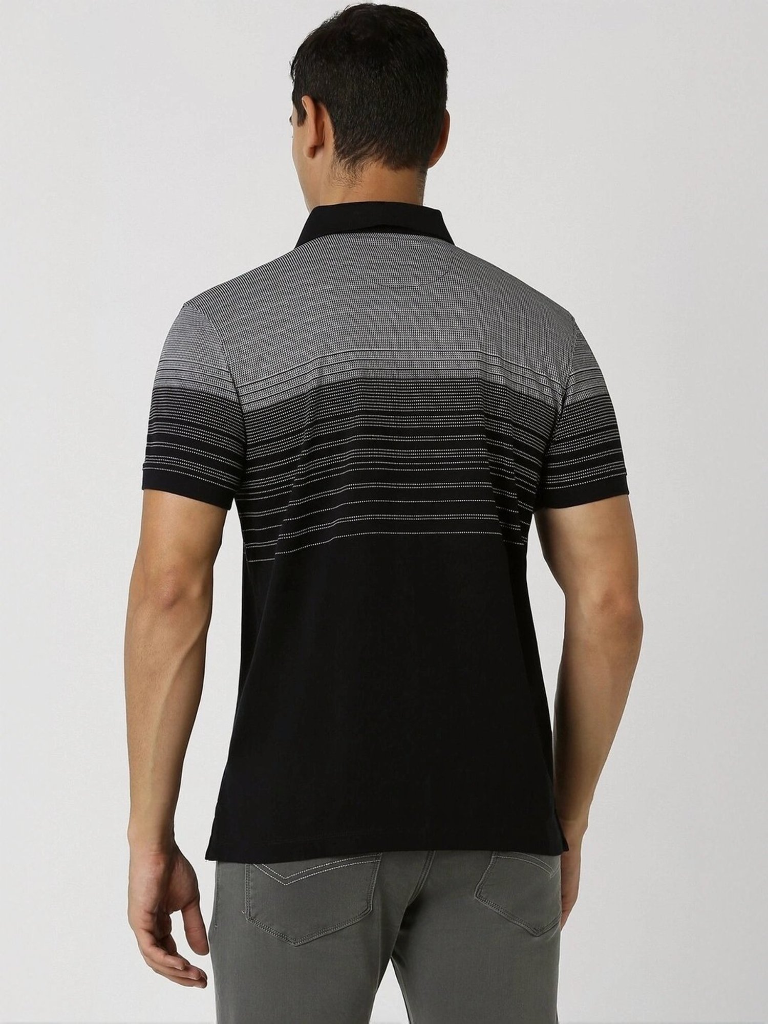 Van Heusen Sport Black Cotton Regular Fit Striped Polo T-Shirt