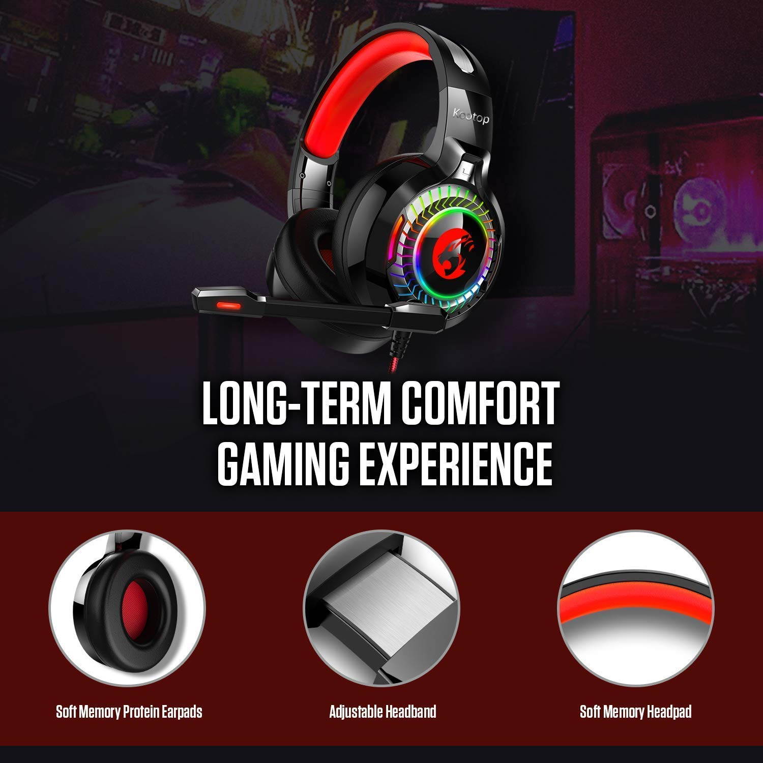 CORN Gaming Headset for Xbox One,PS4,PC,Noise Cancelling Over Ear Headphones with Mic,RGB Light,Volume-Control, Bass, Soft Memory Earmuffs for Laptop Mac Nintendo Switch Games(Black&Red)