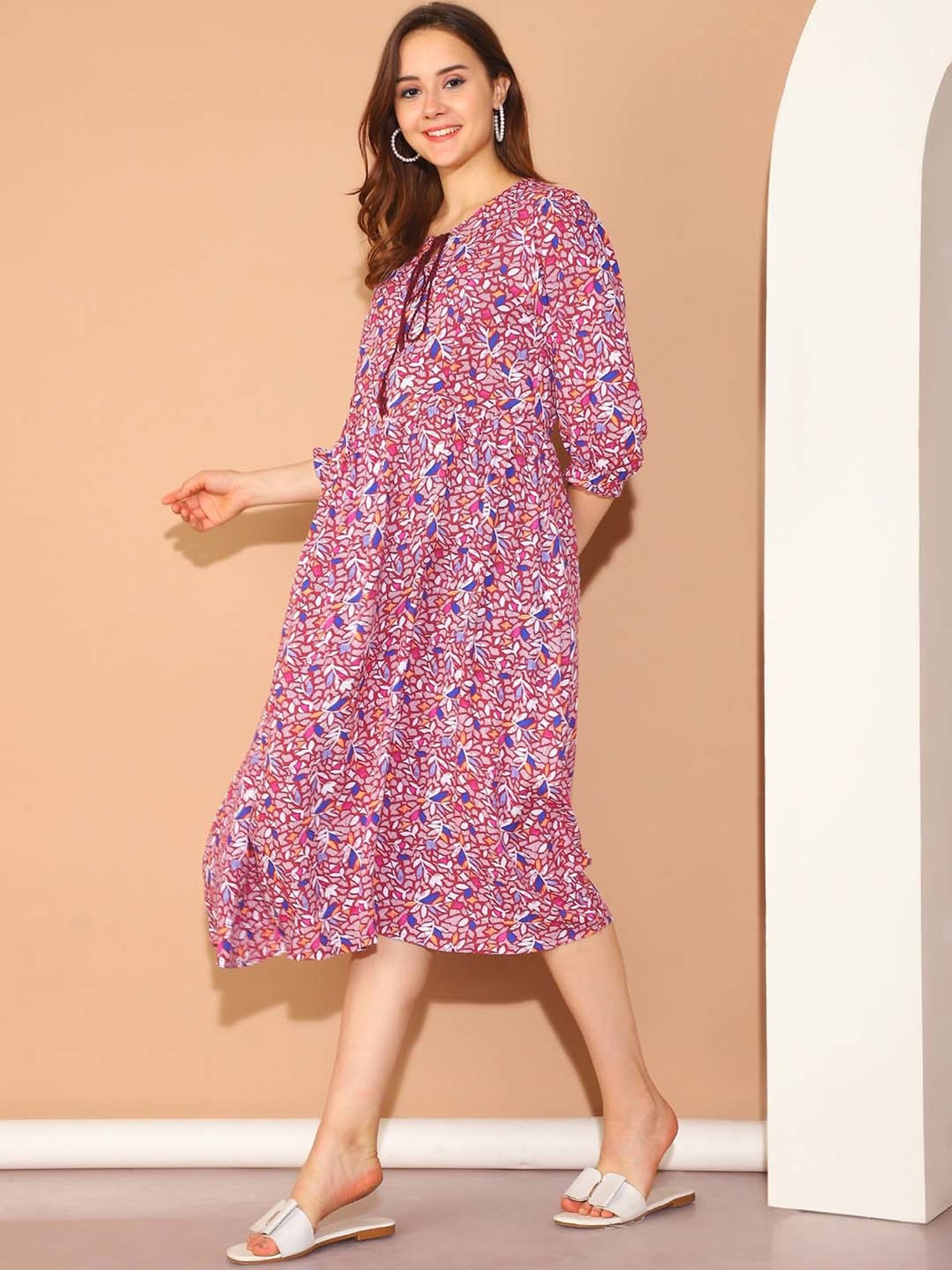 Moms Maternity Maroon Floral Print Maternity Midi Dress