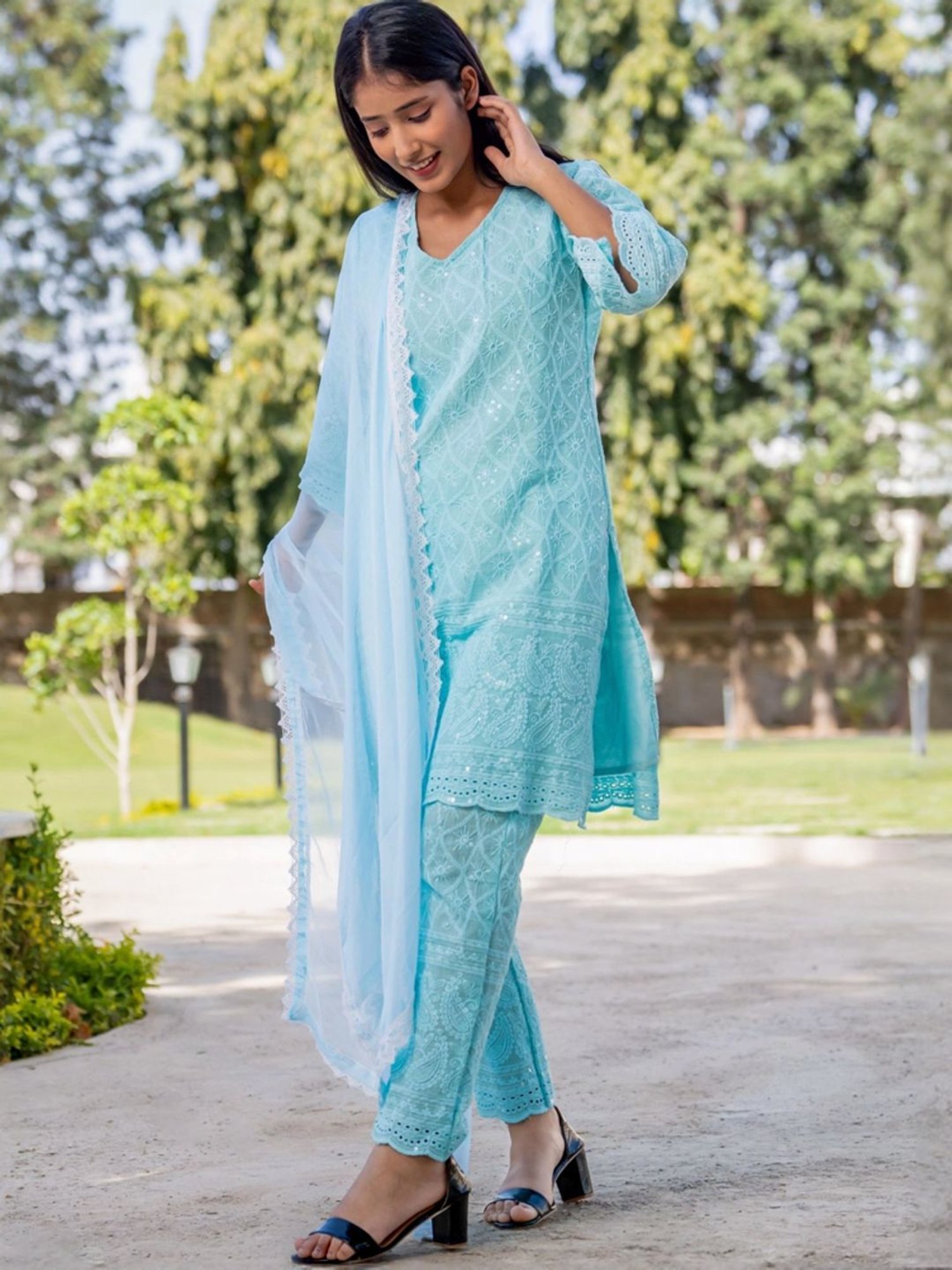 HOUSE OF JAMOTI Blue Cotton Embroidered Kurta Pant Set With Dupatta