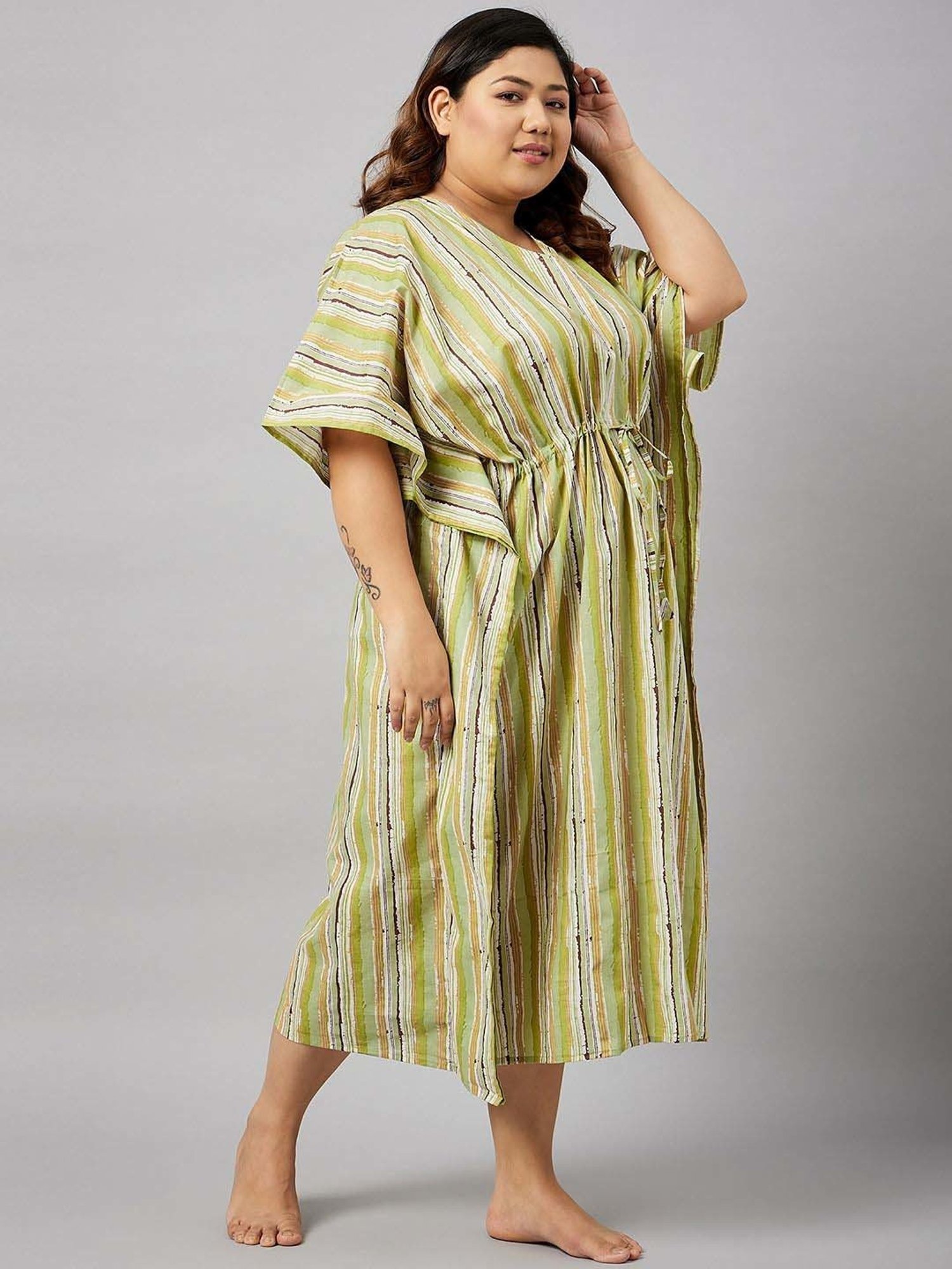 Secrets By ZeroKaata Green Cotton Printed Kaftan