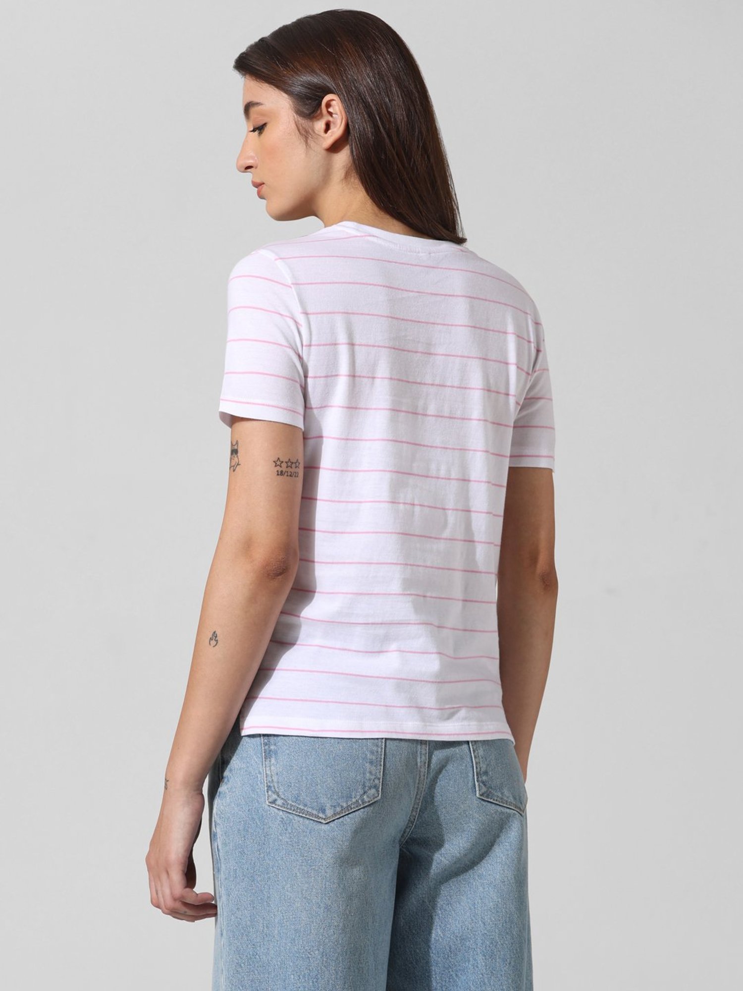 Only White & Pink Cotton Embellished T-Shirt