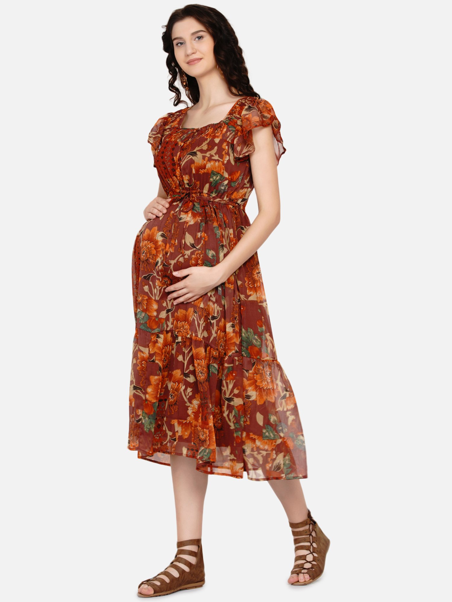 Mine4Nine Brown Floral Print Maternity Dress