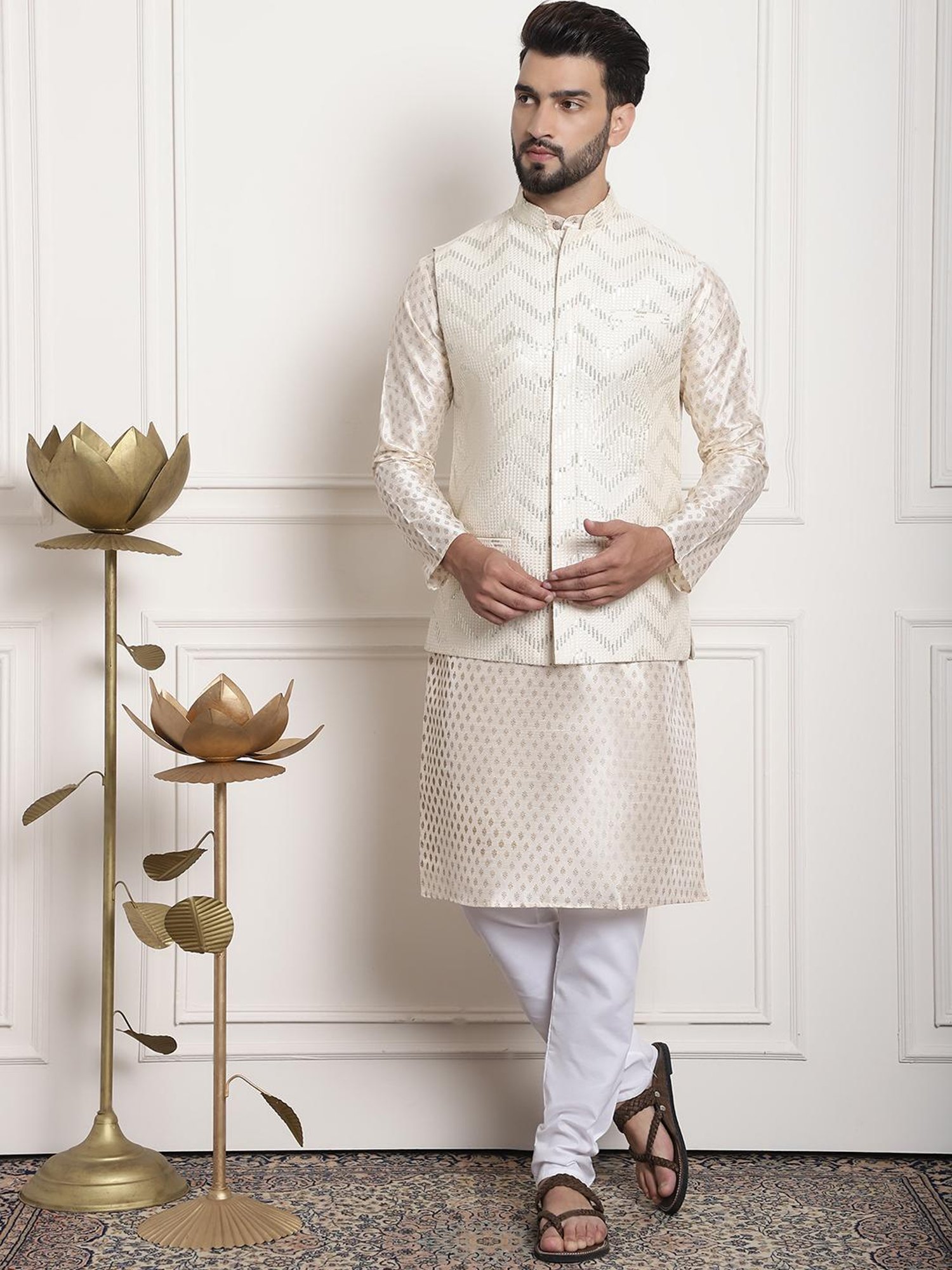 Sojanya Cream Regular Fit Embroidered Nehru Jacket