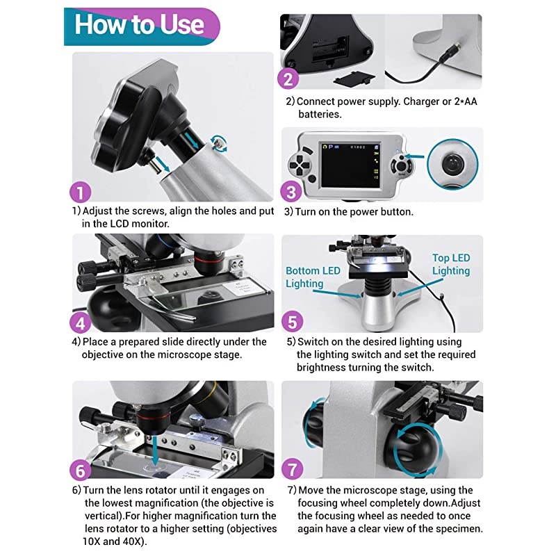 Digital Microscope 2000X Biological Microscope with Camera Screen Slides Set for Kids Students Adults School Laboratory Home Science Education