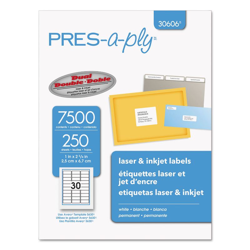 PRES-a-ply Laser Address Labels 1 x 2 5/8 White 7500/Box 30606