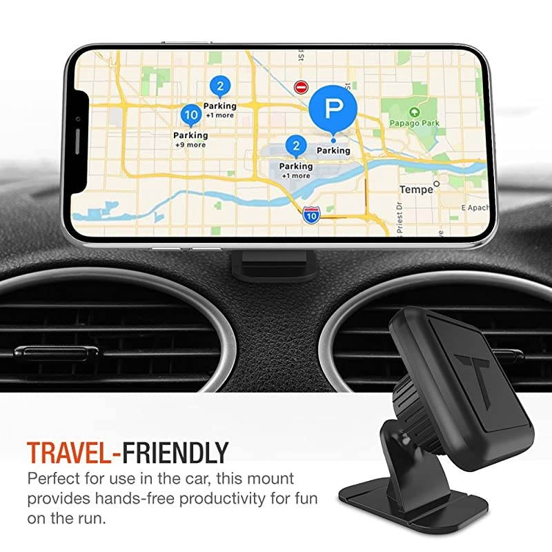 Magnetic Dash Car Mount Phone Holder Desk Stand Compatible with iPhone, Samsung, Huawei, Nokia, LG, Moto Smartphone, Stick-on Dashboard 3M-Adhesive Bendable Base and Metal Plate Included