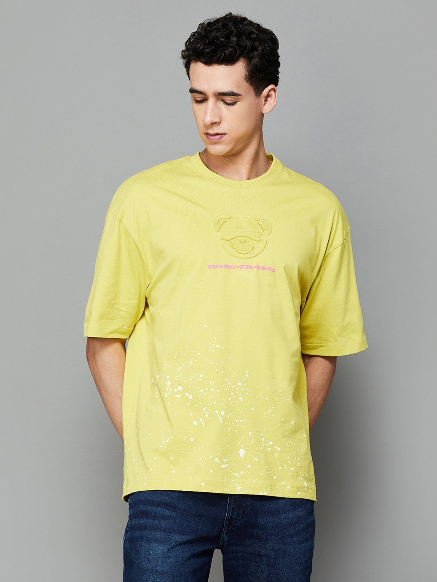 Forca by Lifestyle Lime Yellow Regular Fit Printed Crew T-Shirt