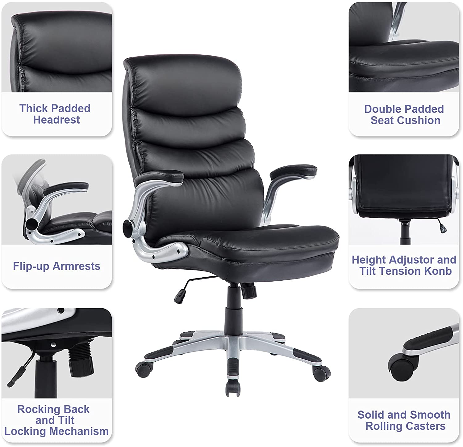 Executive Office Chair Ergonomic Leather Desk Chair with Flip-up Arms Double Padded Seat Cushion and Adjustable Tilt Angle Lumbar Support Office Chair for Home Office Work