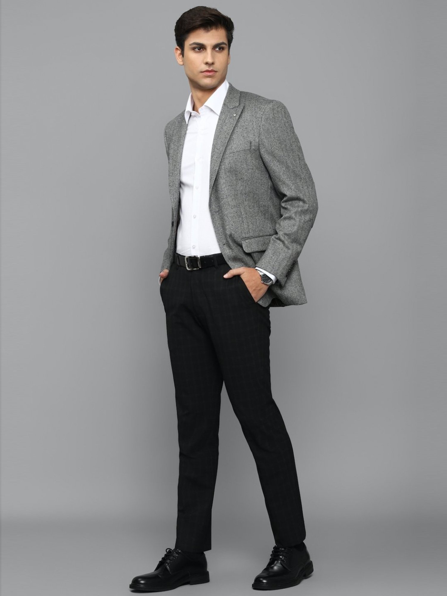 Louis Philippe Grey Regular Fit Self Pattern Blazer