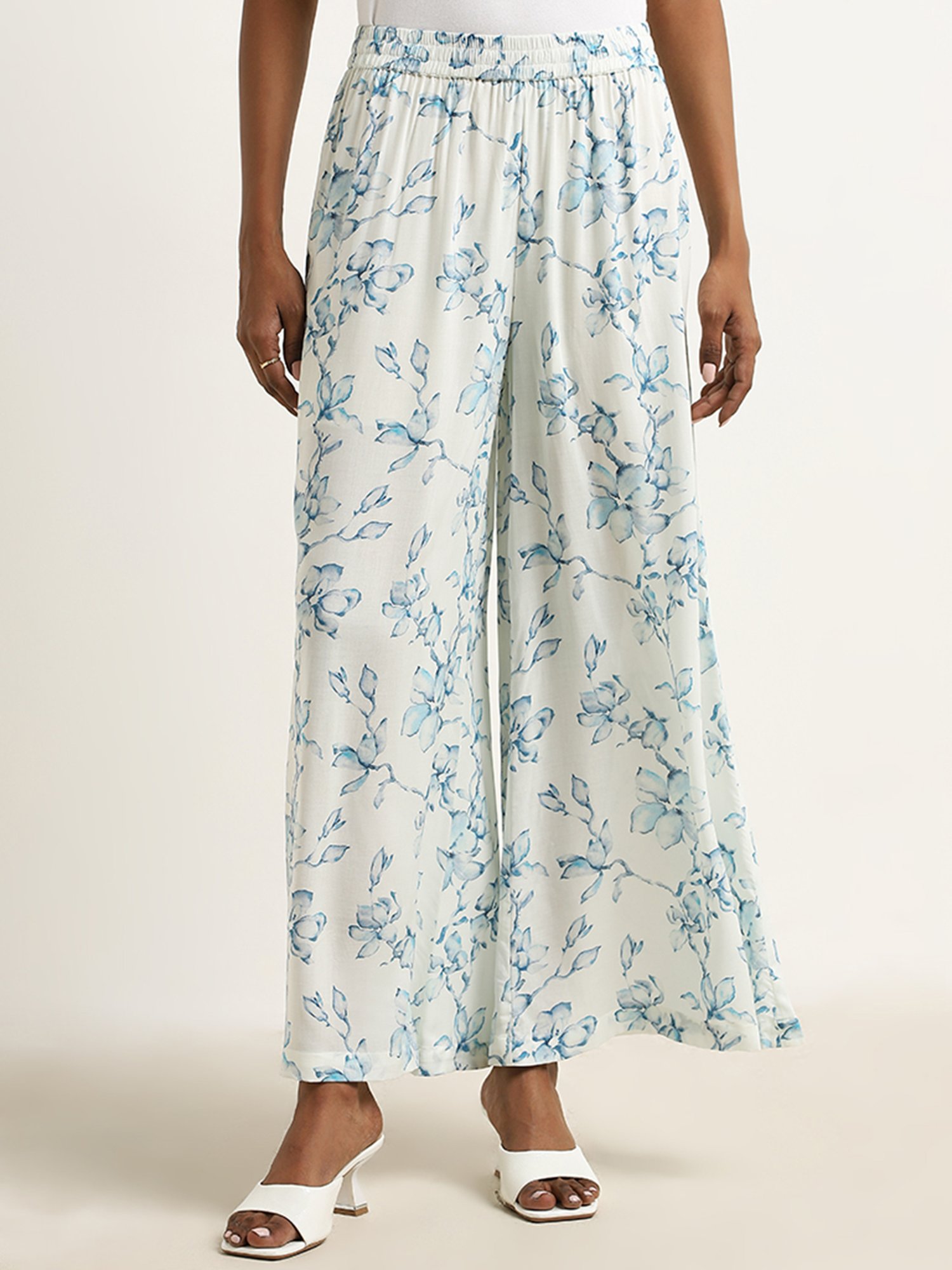 Zuba by Westside Light Blue Floral Printed High-Rise Palazzos