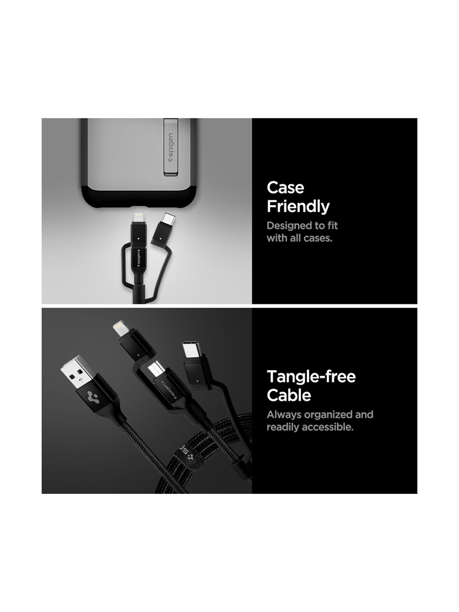 Spigen C10i3 DuraSync 3 in 1 Universal Charger Cable, Micro USB/Lightning/USB C (1.5m)-Black