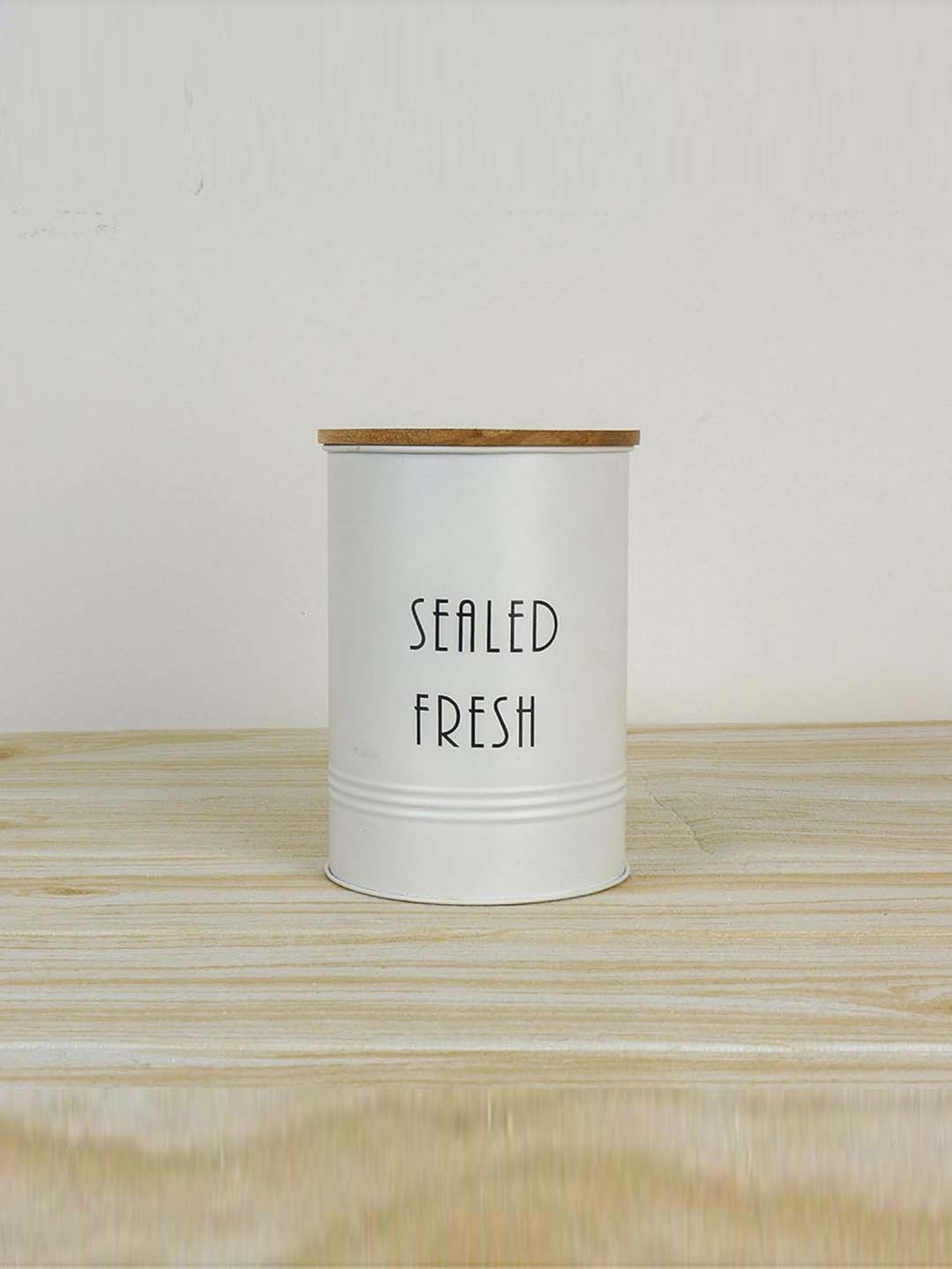 Femora White Steel Canister Airtight Sealed Fresh Storage Jar With Wooden Lid (0.9 L) - Set of 4