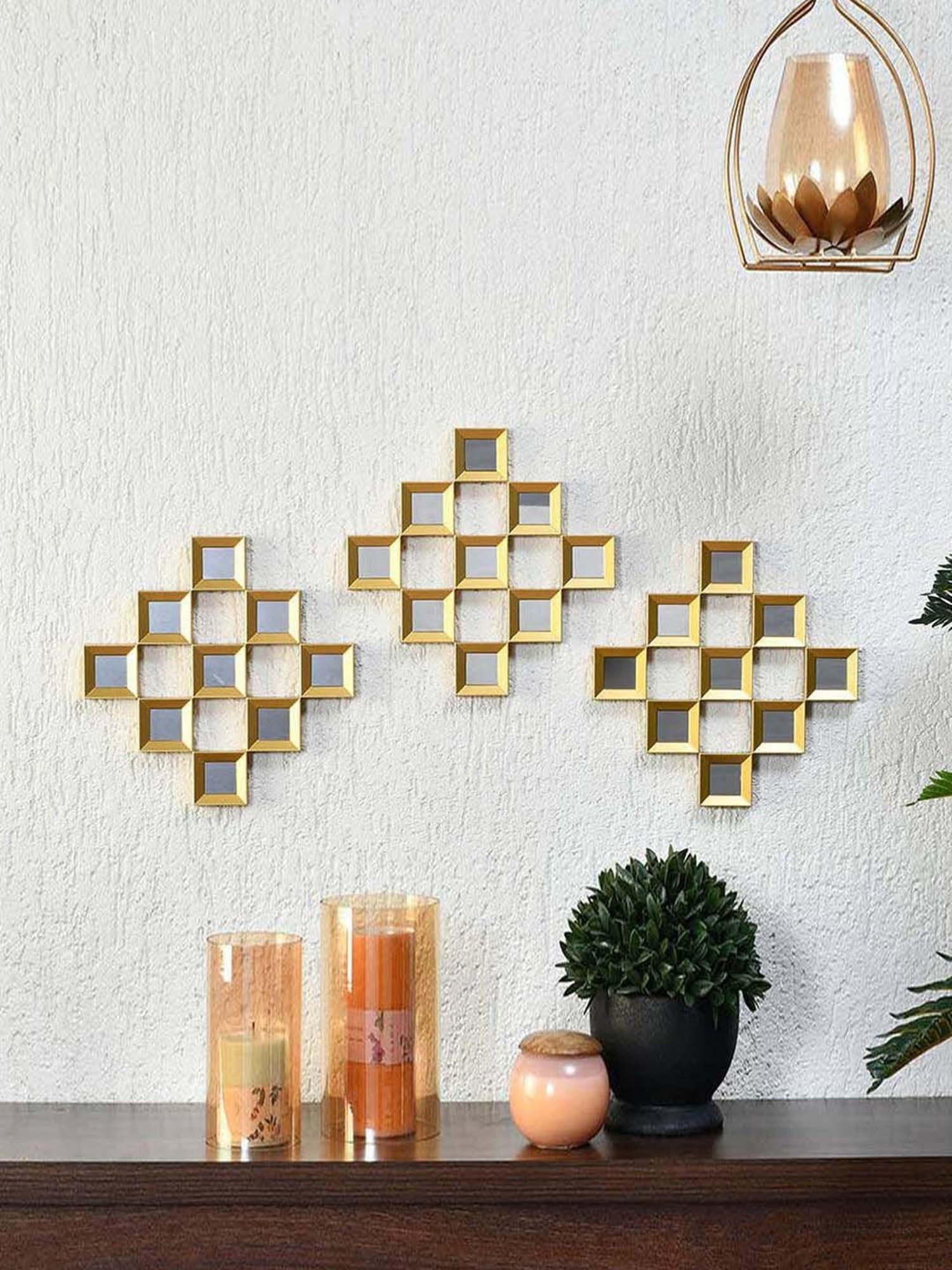 @home Gold Glass Square Shaped Decorative Mirrors - Set of 3