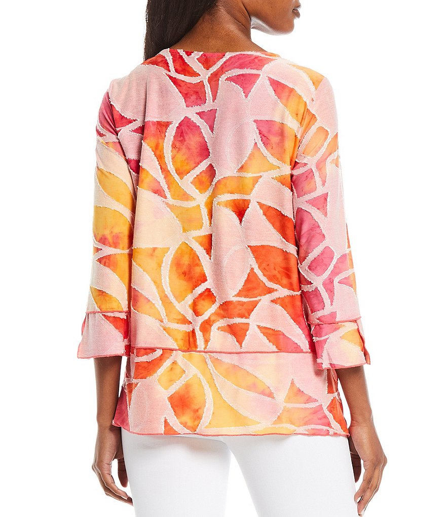 Ali Miles Tropical Tie Dye 3/4 Sleeve Jewel Neck Jacquard Top