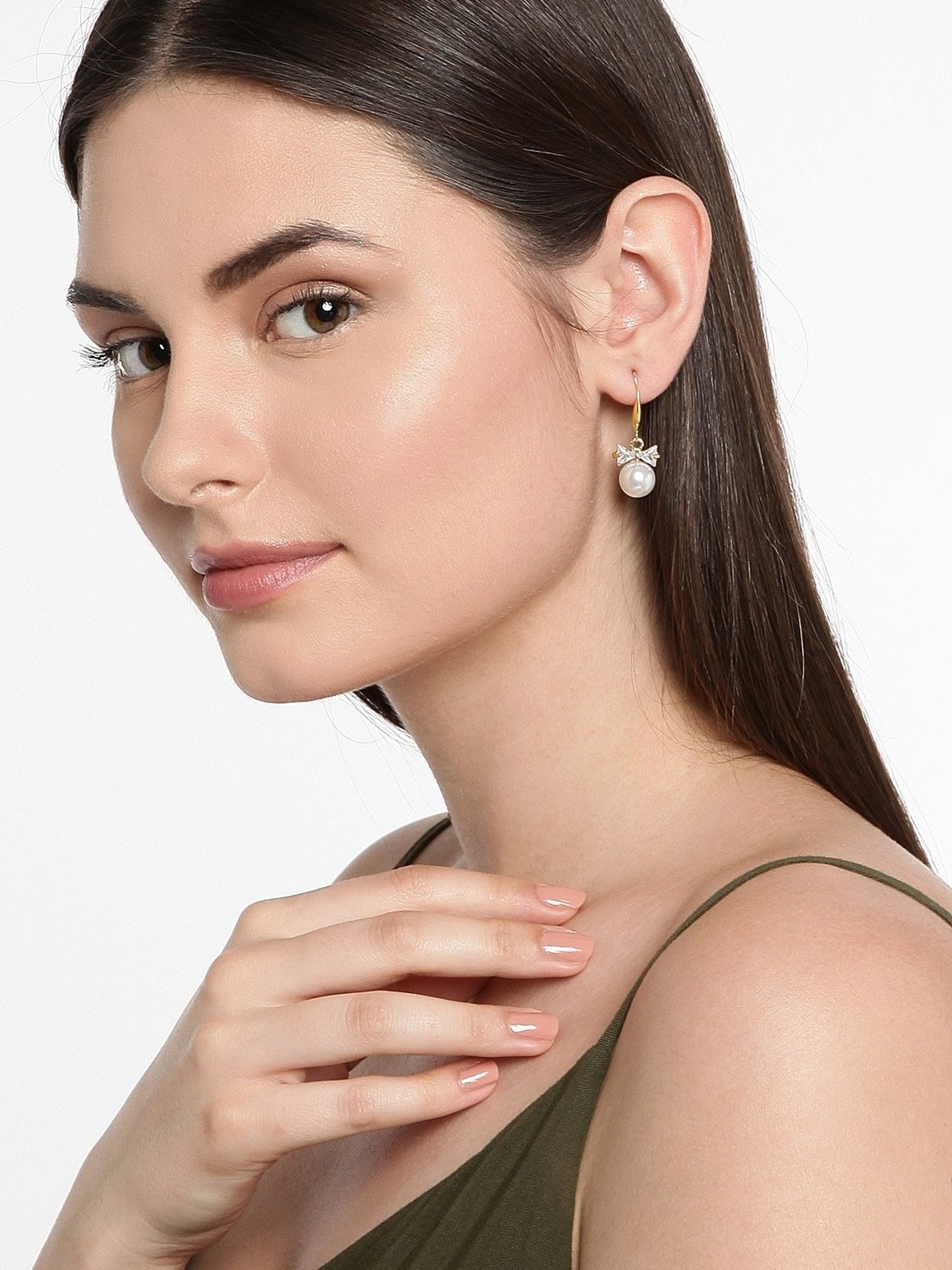 OOMPH Golden Tone Cubic Zirconia & Pearl Office-Wear Fashion Drop Earrings for Women